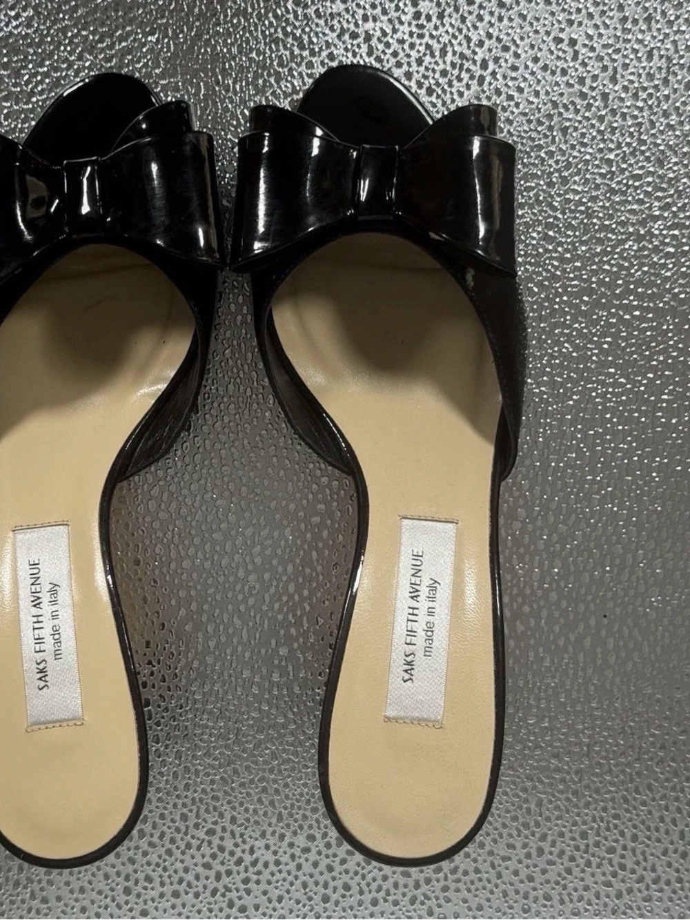 Saks Fifth Avenue Black Patent Bow Slide Mules